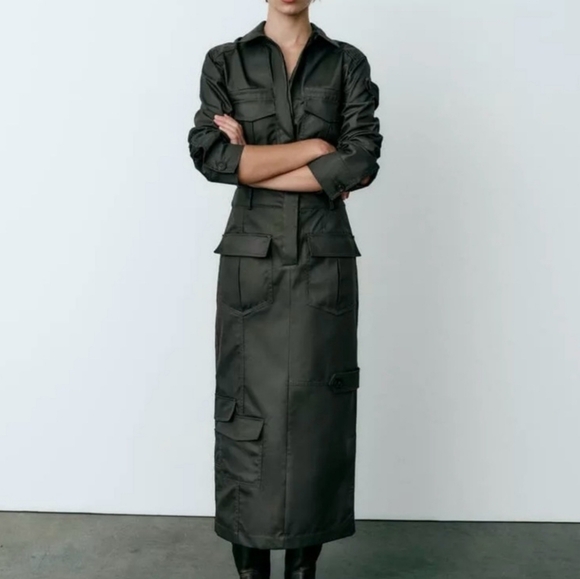 Zara Dresses & Skirts - NWOT | ZARA | Olive Green Coated Cargo Dress